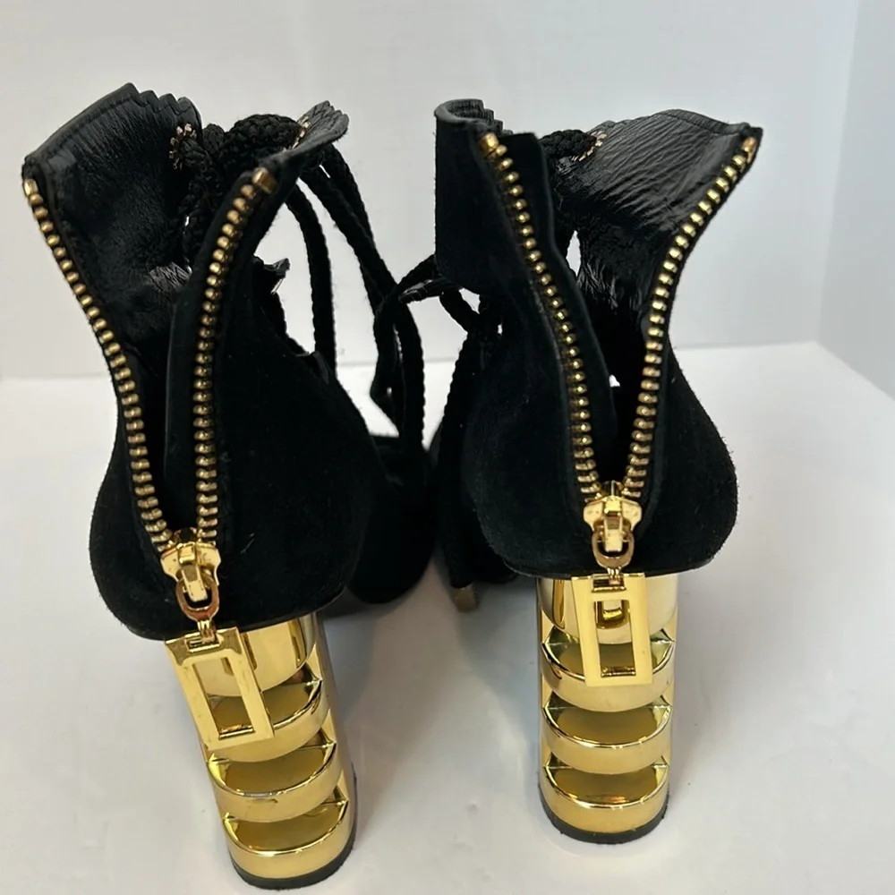 KAT MACONIE Betsy Suede Black Sandals Gold Heels Lace Up women’s size 5.5